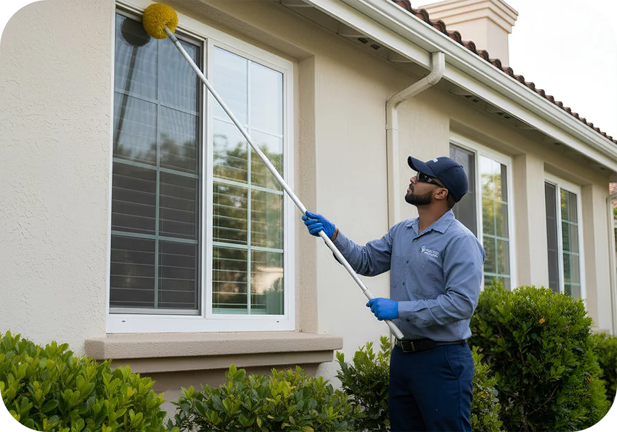 Technician sweeping exterior of home