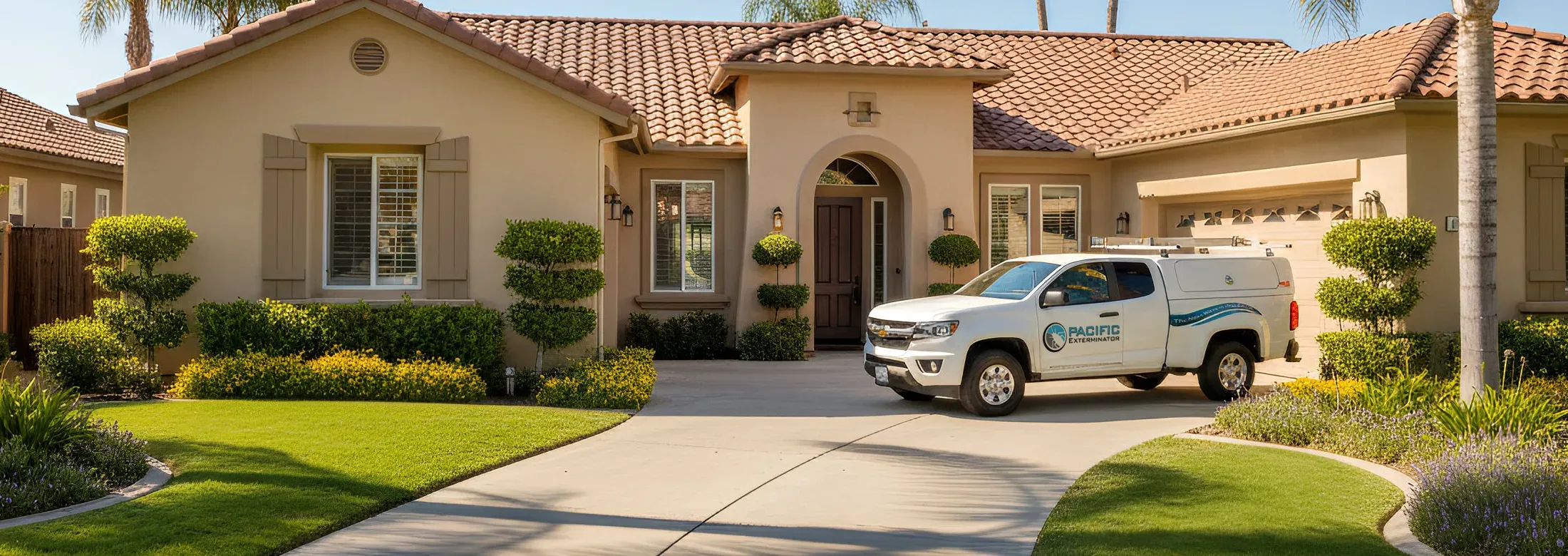 Pacific Exterminator truck parked in driveway of customers home